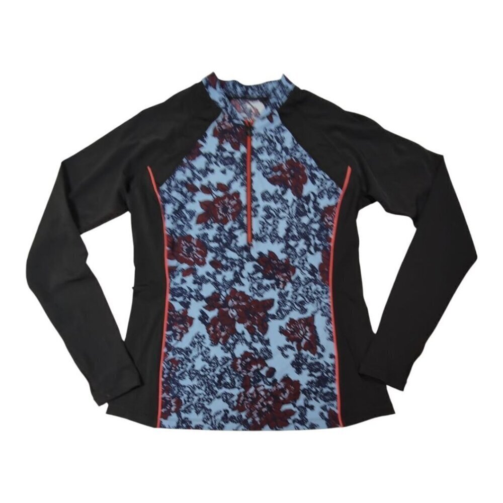 Floral Rash Guard Swim Top Colorblock Long-Sleeve Zip Black & Blue Womens M